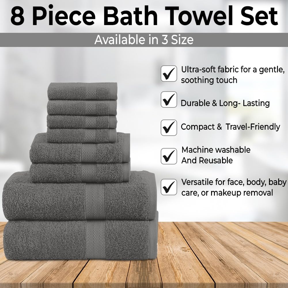 Pack of 8 Towels Set, 2 Large Bath Towels, 2 Hand Towels, 4 Wash Cloths, 100% Cotton, Lighter Weight, Quicker to Dry, Super Absorbent, Perfect for Bathroom (Grey)