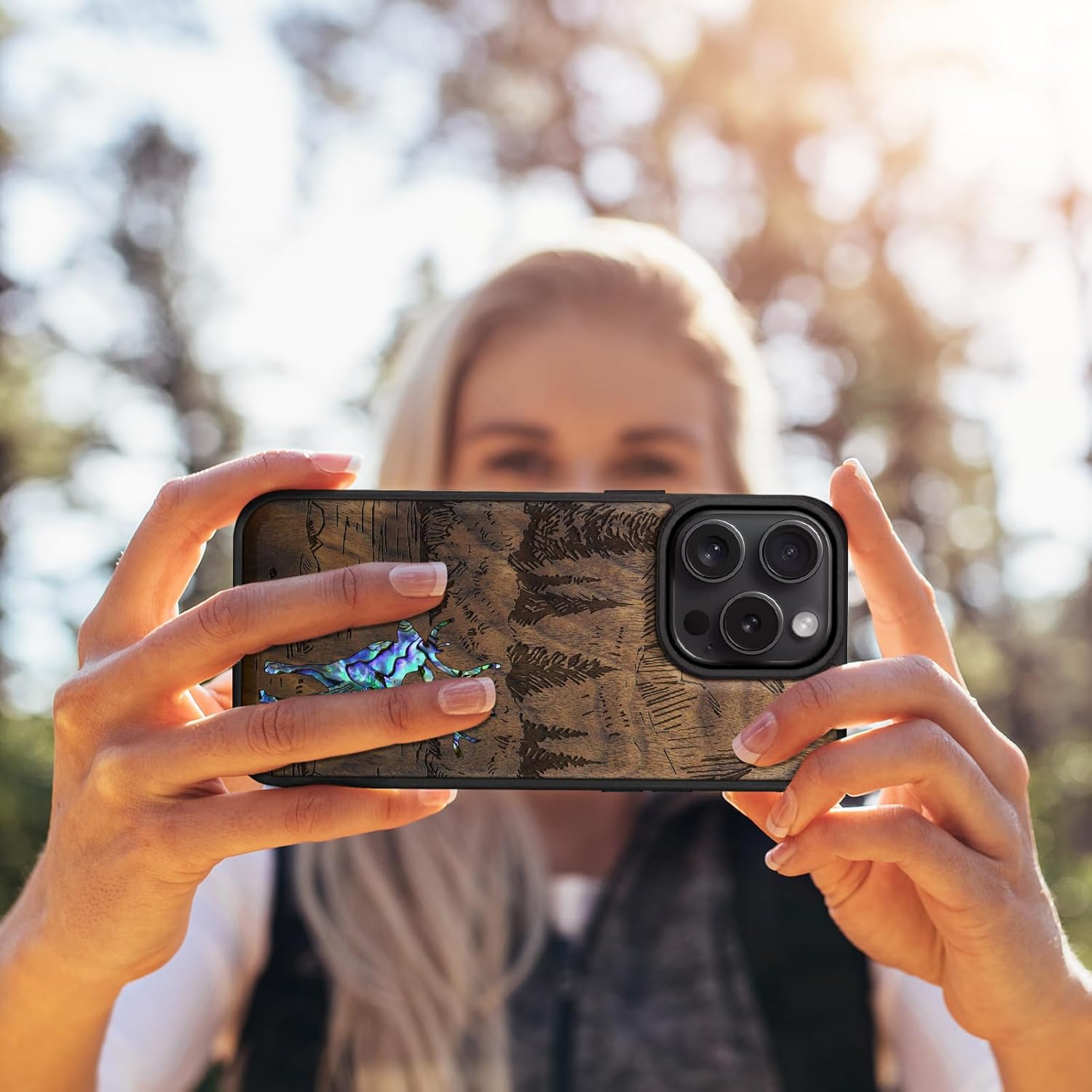 Carveit Magnetic Case for iPhone 16 Pro Case, Wood Artisan Engraved & Handmade Shell Inlaid, TPU Shockproof Cover, Compatible with MagSafe Wireless Chargers (Forest Deer) Walnut