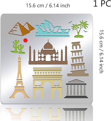 Miniatura 4 de BENECREAT Landmark Silhouette Elements - Plantilla de metal, 6 x 6 pulgadas, reutilizable, torre Eiffel, pirámides, plantilla de pintura para