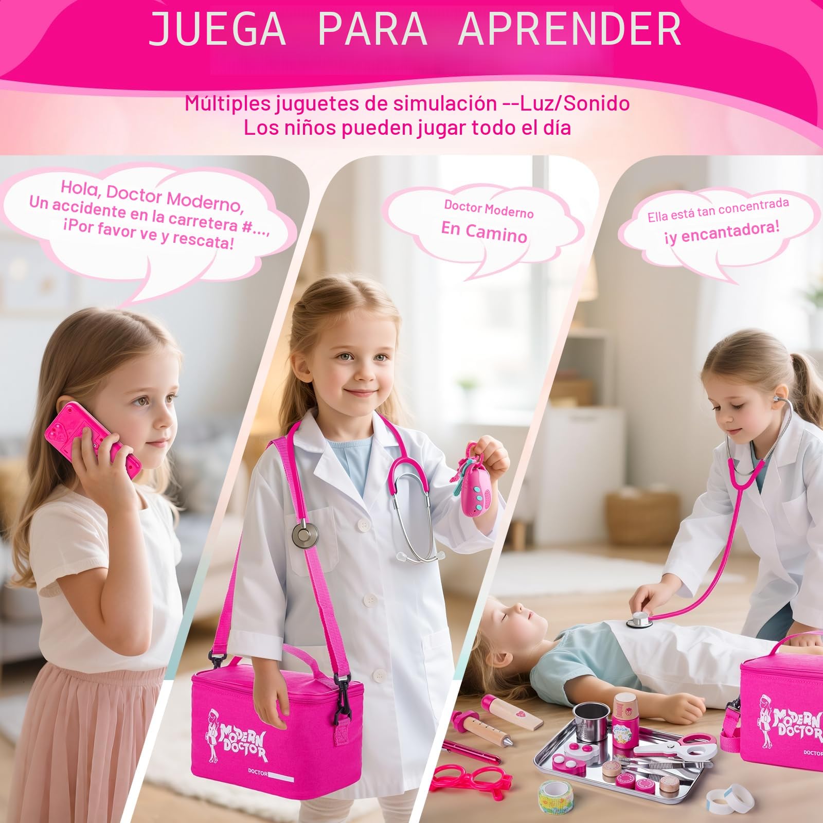 Sundaymot Maletin Medico Juguete, Kit Medico Infantil con Real Estetoscopio, Termómetro, Disfraz Medico Niña y Jeringa, Educativo Jugetes de Madera Adecuado Juego de Roles Juguetes Niñas Niños 3 Años