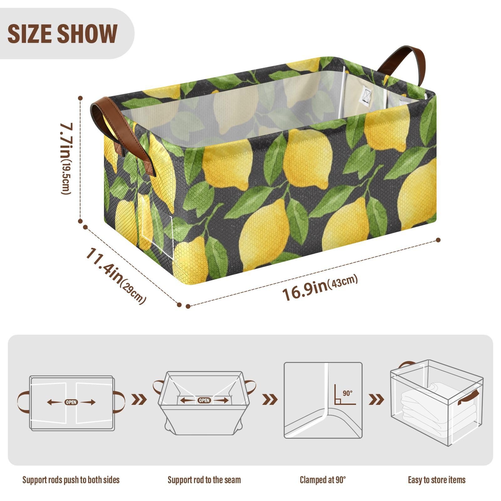 Fygkptb Bright Yellow Watercolor Lemons and Green Leaves Seamless on Black 1 PC Rectangle Foldable Frame Basket Leather Handles Storage Bin for Laundry Bathroom Organizer 16.9 x 11.4 x 7.7 inch