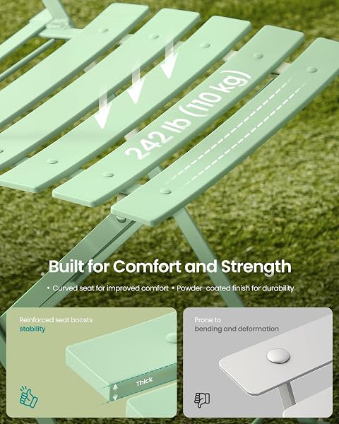 SONGMICS 3-Piece Outdoor Bistro Set, Folding Patio Furniture Set with Table and 2 Chairs, Weather-Resistant Steel Balcony Furniture, for Balcony, Patio, Garden, Smoke Green UGGF036CZ01 - 5
