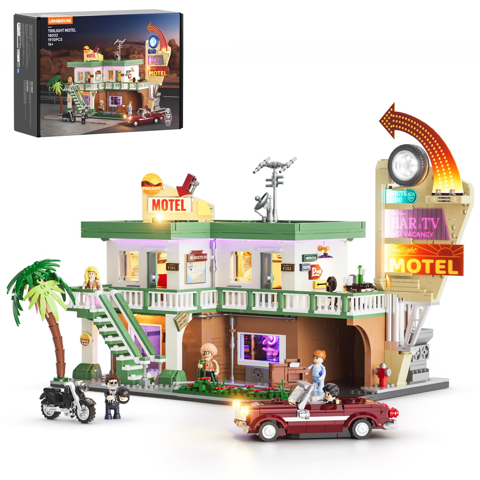 Lumibricks City Car-Motel Lighting Building Block Set - Retro Road Trip Car and Motorcycle Model, 1970 Pieces for Adults and Teens