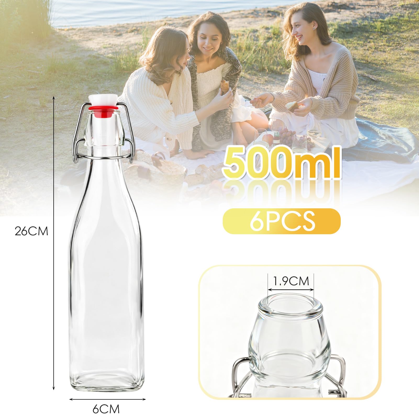 Set da 6 Bottiglie Vetro 500ml con Tappo Ermetico,Bottiglie riutilizzabili a Chiusura ermetica, contenitori in vetro per Bevande Fatte in Casa, Birra, Liquori, Succhi, Olio