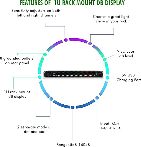 Miniatura 3 de Technical Pro Pantalla DB de montaje en rack de 1U con protector de sobretensiones de fuente de alimentación de 8 salidas con puertos de carga USB