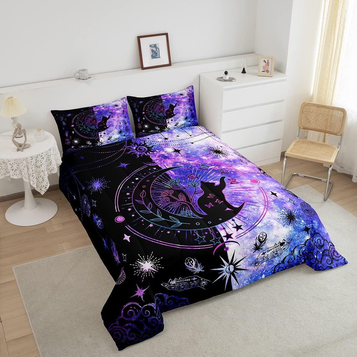 Cat Comforter Set Twin Size Universe Starry Sky Moon Bedding Comforter Fashion Galaxy Animal Silhouette Duvet Quilt with 1 Pillowcase, Purple Black, Kids Teen Boys Girls Home Decor