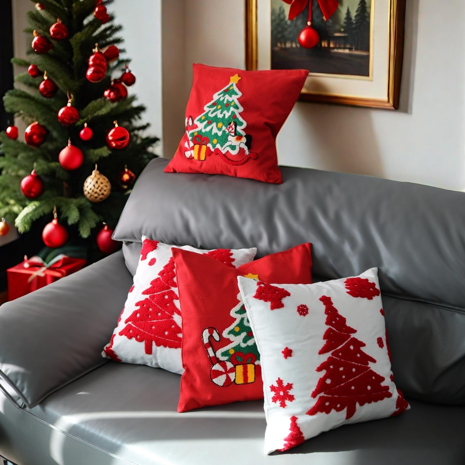 Set di 2 federe per cuscini ricamate con alberi di Natale, per divano, 45 x 45 cm, decorazione natalizia per la casa (rosso)