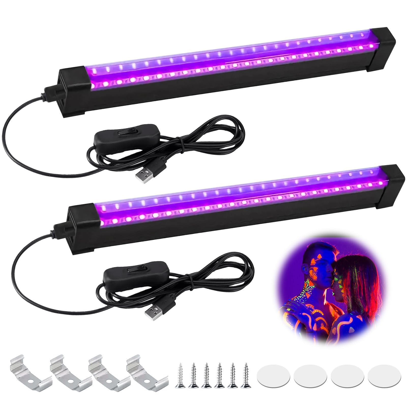 BORDEAG 2 Piezas Luz Negra LED, Tubo de Luz Negra, Barra de Luz Negra UV, 10W, para Bar Decoración de Halloween Navidad Resplandor de Neón