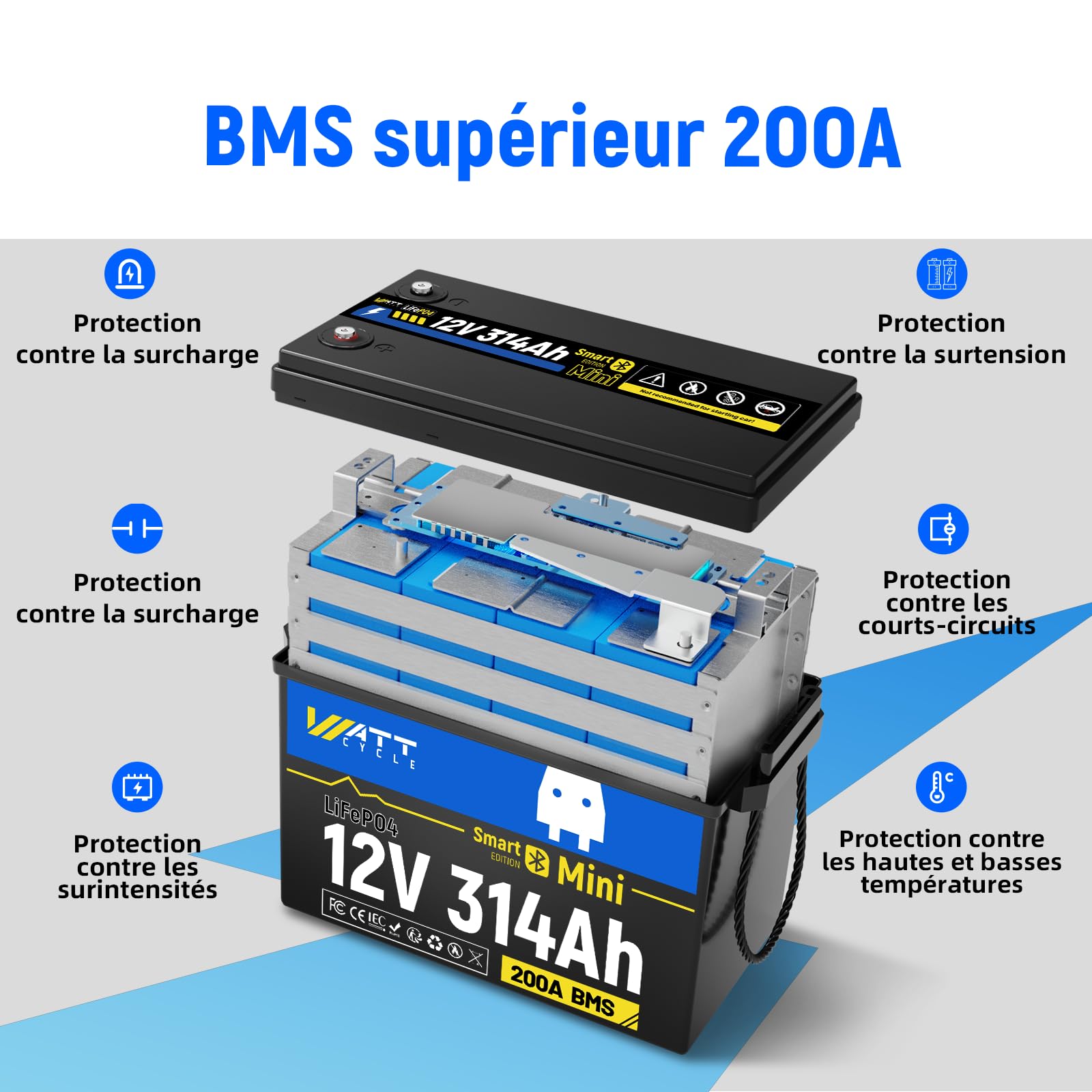 Pack de 2 Wattcycle Batteries Lithium 12V 314Ah LiFePO4 Bluetooth, Batteries Décharge Lente avec BMS 200A et Protection Anti-Froid, pour Solaire, Camping-Car et Marine