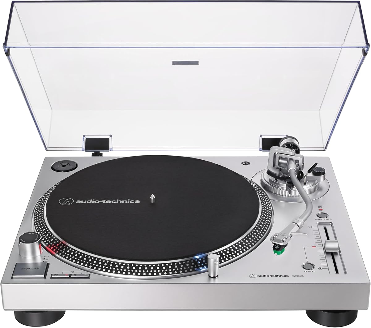 Audio-Technica AT-LP120XUSB-SV Tocadiscos de accionamiento directo (analógico y USB), totalmente manual, Hi-Fi, 3 velocidades, conversión de vinilo a digital, antipatinaje y control de tono variable, plateado