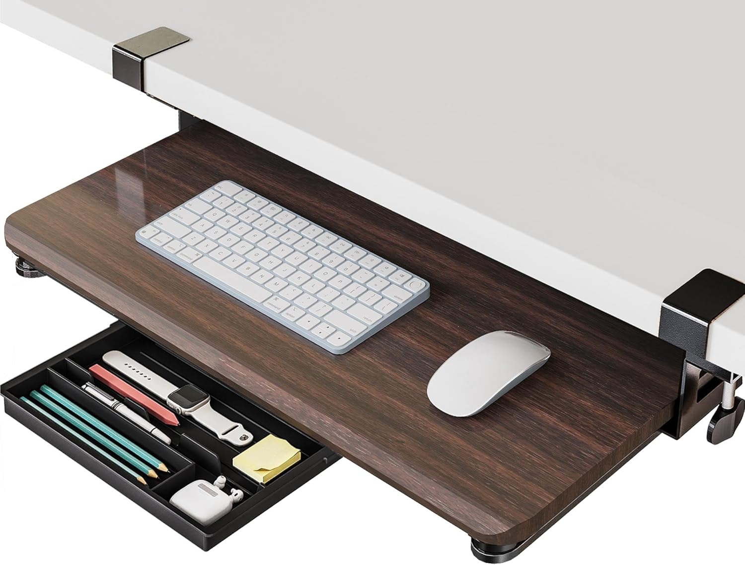 Fenge Keyboard Tray Under Desk, Pull Out Keyboard & Mouse Tray with C Clamp Mount, Sliding Keyboard Holder for Desk, 25.6 x 11.8 inch Large Slide-Out Platform Computer Drawer for Typing, Brown