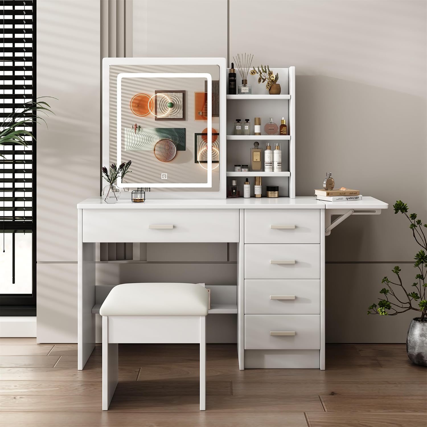 Montary Makeup Vanity Desk with Mirror and Lights, White Vanity Table Set with 5 Drawers & Sliding Mirror & Storage Shelves & Bench, 3 Lighting Modes Brightness Adjustable, Dressing Table for Bedroom