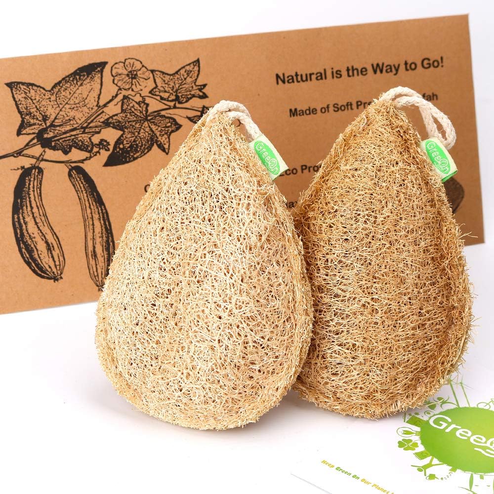 Best Cyber Deals 🔥 GreeOn 2 PCS Eco Friendly Natural Kitchen Sponges (Made of Loofah, No Odor, Compostable), Organic Fruit Vegetable Scrubber Sponge, Reusable Non Scratch Scouring Pads / Dish Wash Scrub Aponge (Drops)