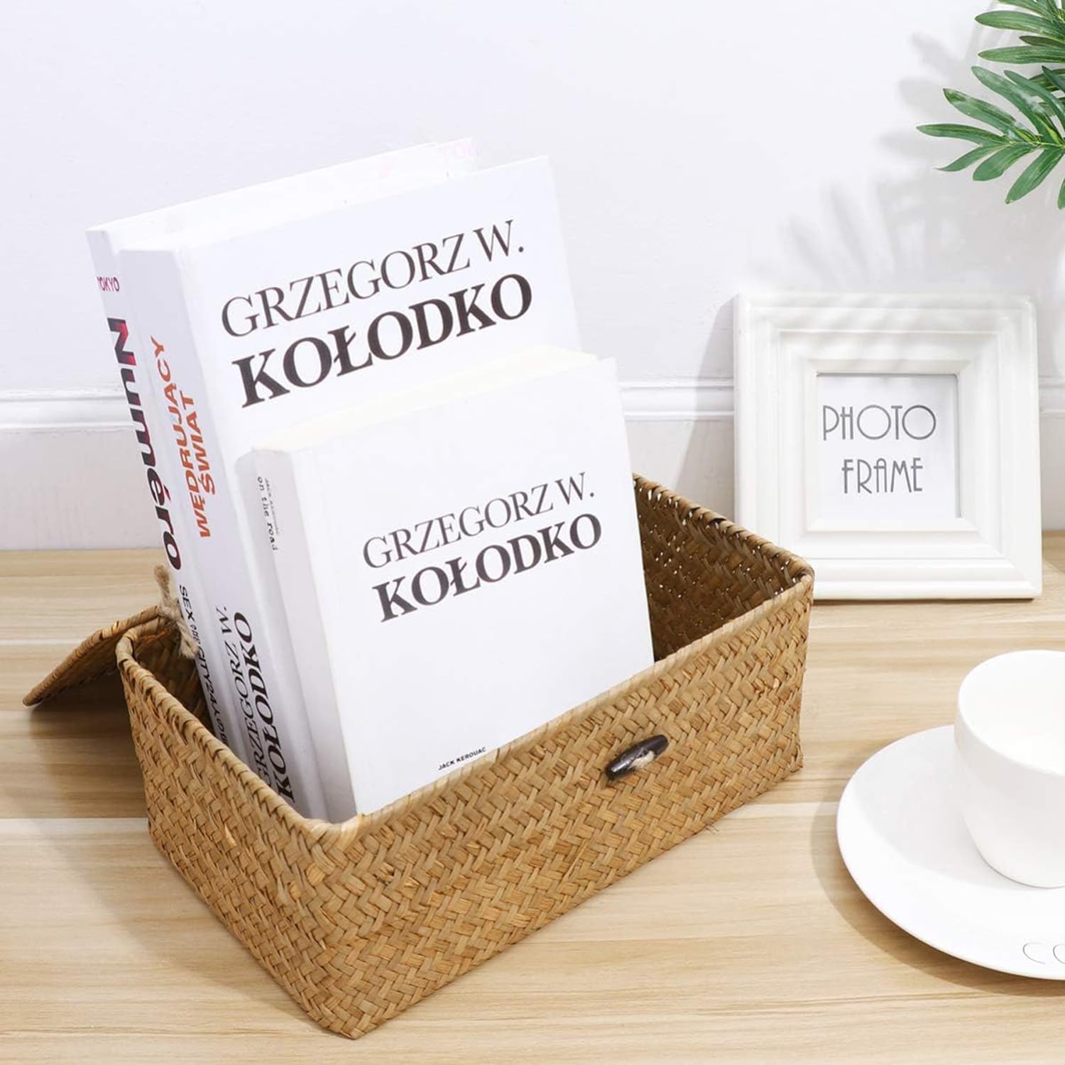 TOOSOAR® 2 Piece Wicker Storage Basket, Wicker Basket Lid with Lid, Rectangular Wicker Basket with Compartment for Organizing Snack Toys