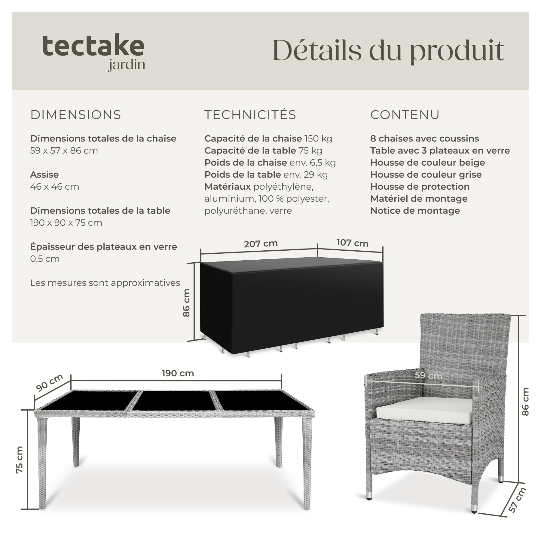 tectake® Salon de Jardin extérieur en Aluminium avec 8 fauteuils en rotin, Table, Housse Lavable et Protection - mobilier Facile d'entretien