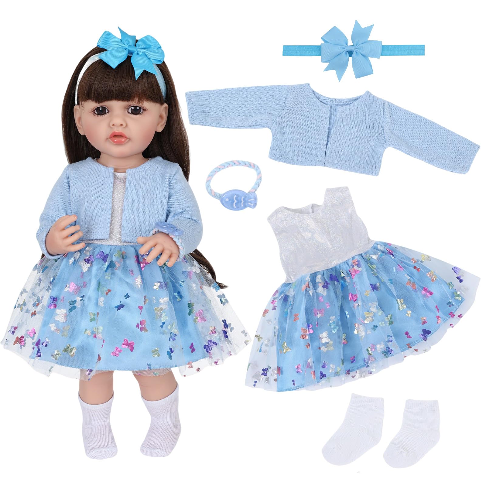 4 stuks kleding-outfits voor 45-55 cm babypoppenkleding 45-55 cm kleding bevat 1 roze jas met capuchon, 1 paard T-shirt, 1 gestreepte broek, 1 paar roze sokken, verjaardagscadeau voor meisjes