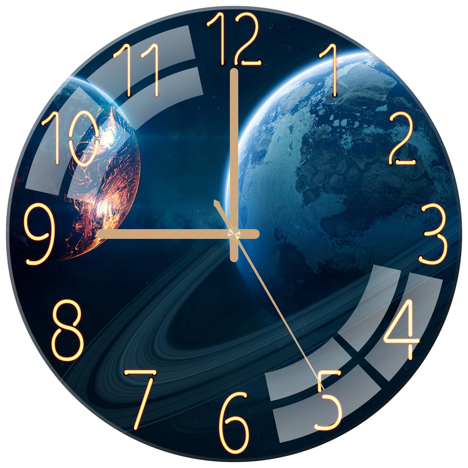 ALEENFOON Glass Wall Clock 12 Inch Silent Non Ticking Quality Quartz Battery Operated Round Wall Clocks for Kitchen Living Room Bedroom Hallway Office (Planets)