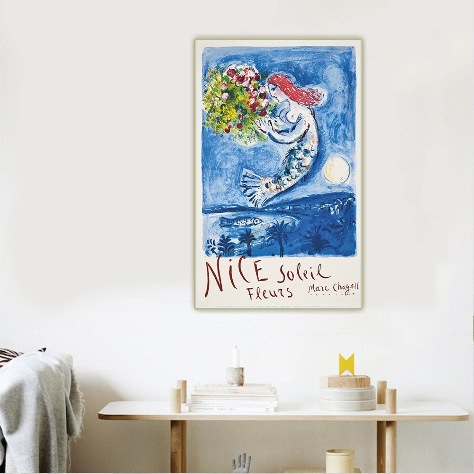 OUSHION ART Surrealismo Galería Arte mural Marc Chagall Flores Sirena Lienzo Pintura Impresiones Noche de luna Cartel de arte para decoración de guardería 105x60cm marco interno