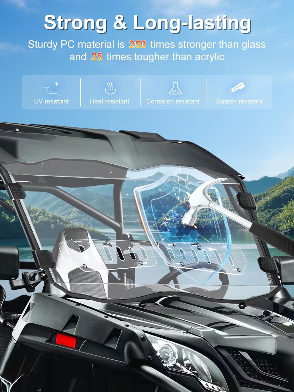 Scratch-Resistant & Vented Full Windshield Compatible with CFMOTO ZForce 800 Trail/500 Trail/800 EX/1000 2014-2022, Upgraded Clear PC Front Window Protects Against Wind, Dust, Dirt, Snow, Rain