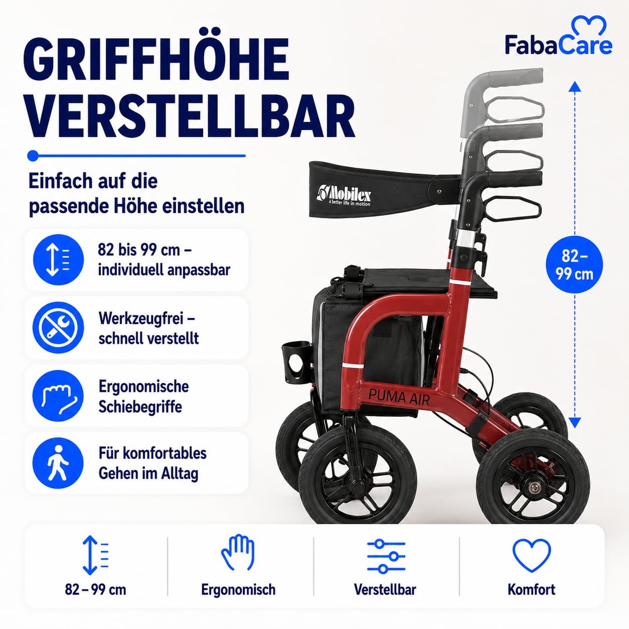 FabaCare Outdoor-Rollator Puma Air rot mit Luftbereifung | Leichtgewichtrollator faltbar bis 150 kg mit Tasche, Rückengurt, Stockhalter, Getränkehalter & Feststellbremse