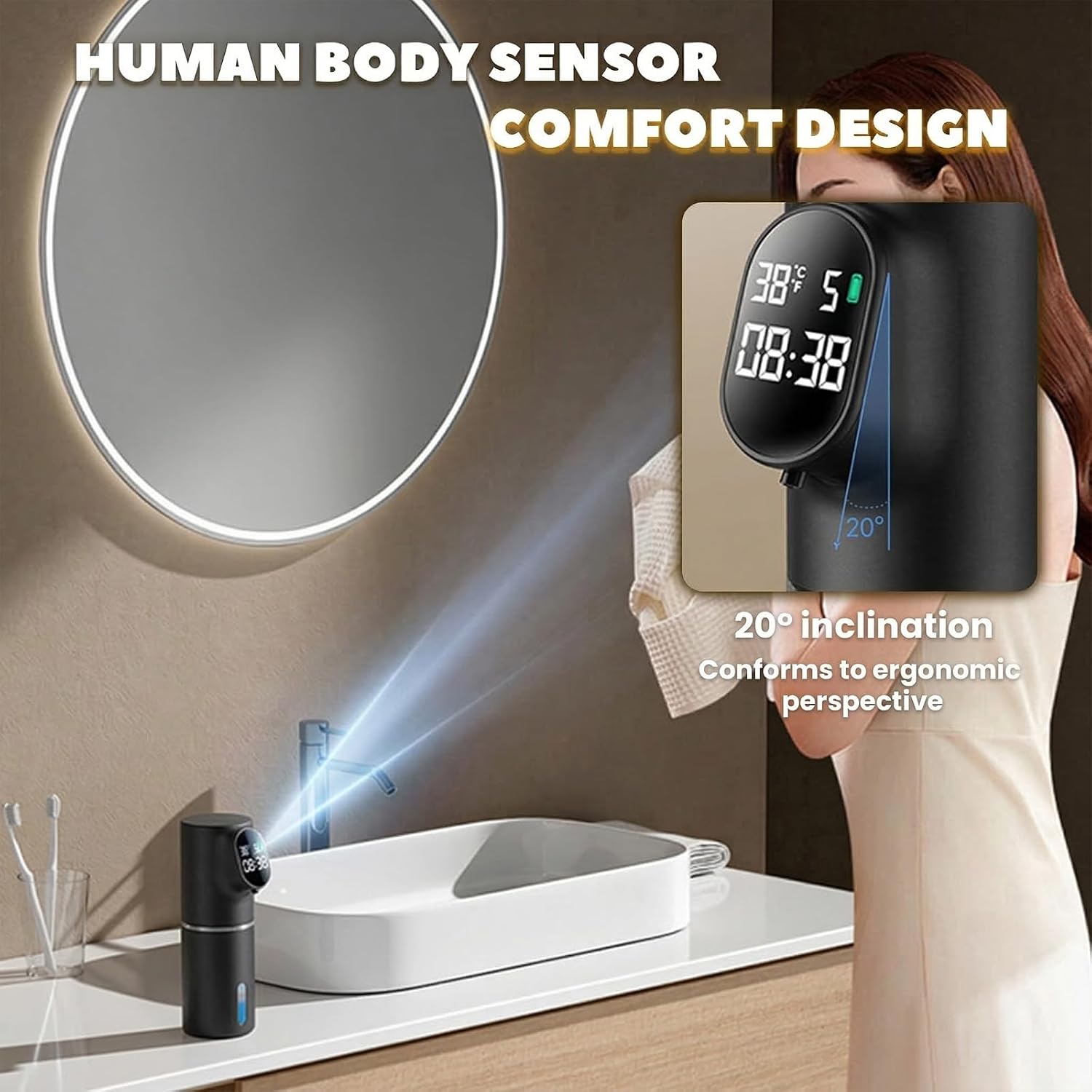 Smart Display Automatic Foam Soap Dispenser, 11oz/ 320ML Touchless Foaming Soap Dispenser, 5-Level Adjustable Sensor Electric Hand Soap Dispenser, Waterproof Soap Dispenser for Bathroom (Black Color) image 3