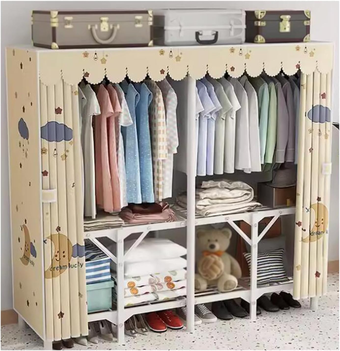 Portable Closet Portable Wardrobe Closet Steel Wardrobe Closet for Bedroom Hanging with Cloth Cover Standing Clothes Closet Folding Closet Spacious
