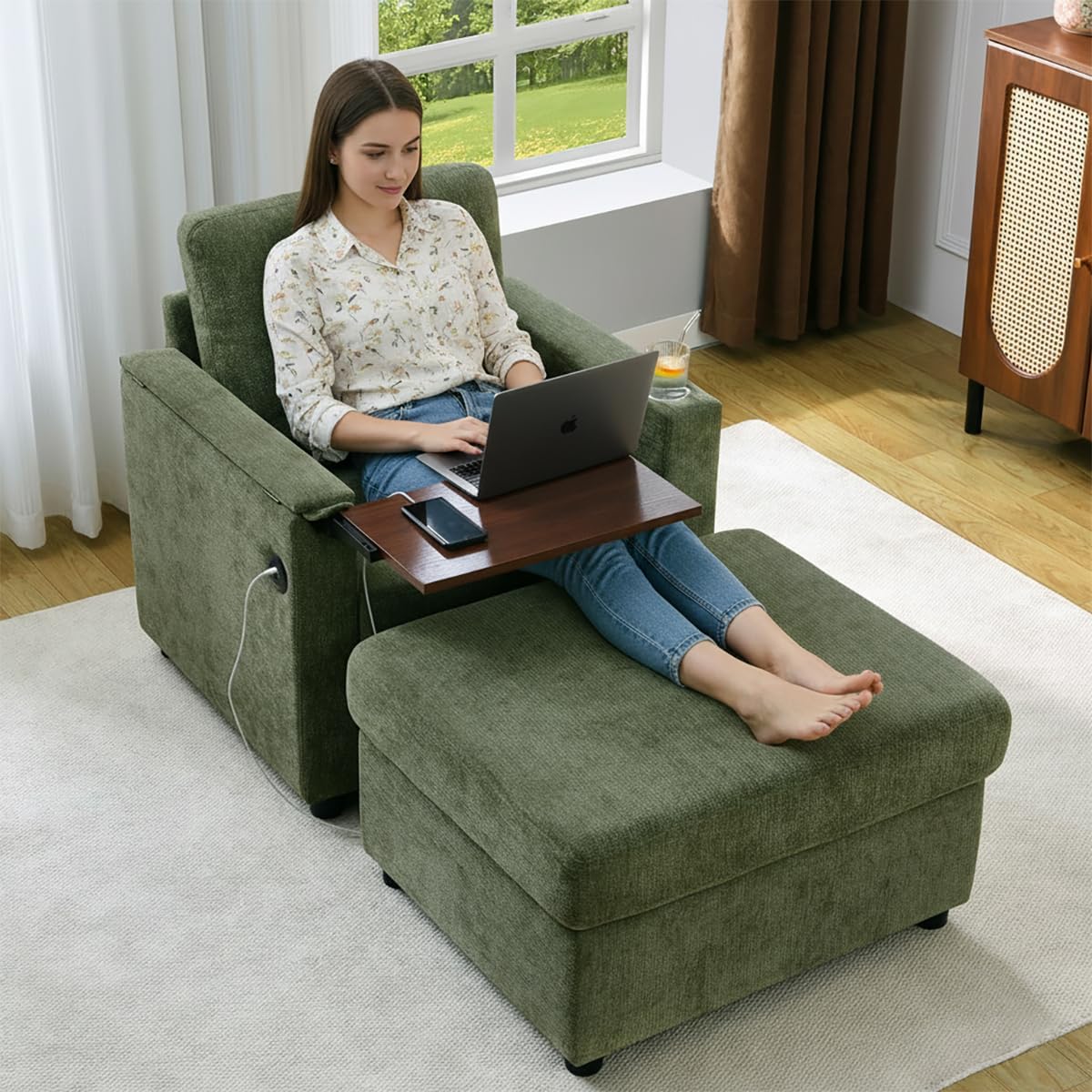 Modern Accent Chair with Storage Ottoman Set, Chenille Reading Chair with Retractable Tray Table, Charging Ports & Cup Holder, Comfy Lounge Armchairs for Living Room, Bedroom, Reading Nook, Green