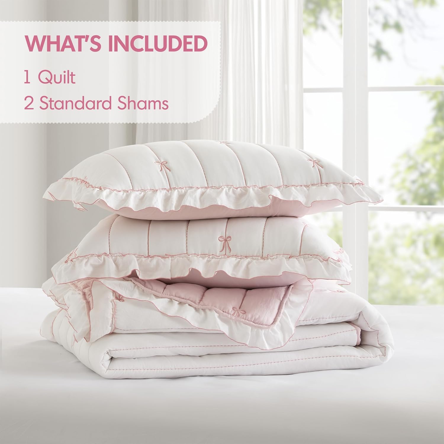 Intelligent Design Liv Queen Bow Embroidered Quilt Set, Pink Ruffle Cottagecore Bedding, Reversible Down Alternative, Ultra Soft All Season, 3 Piece, Full/Queen