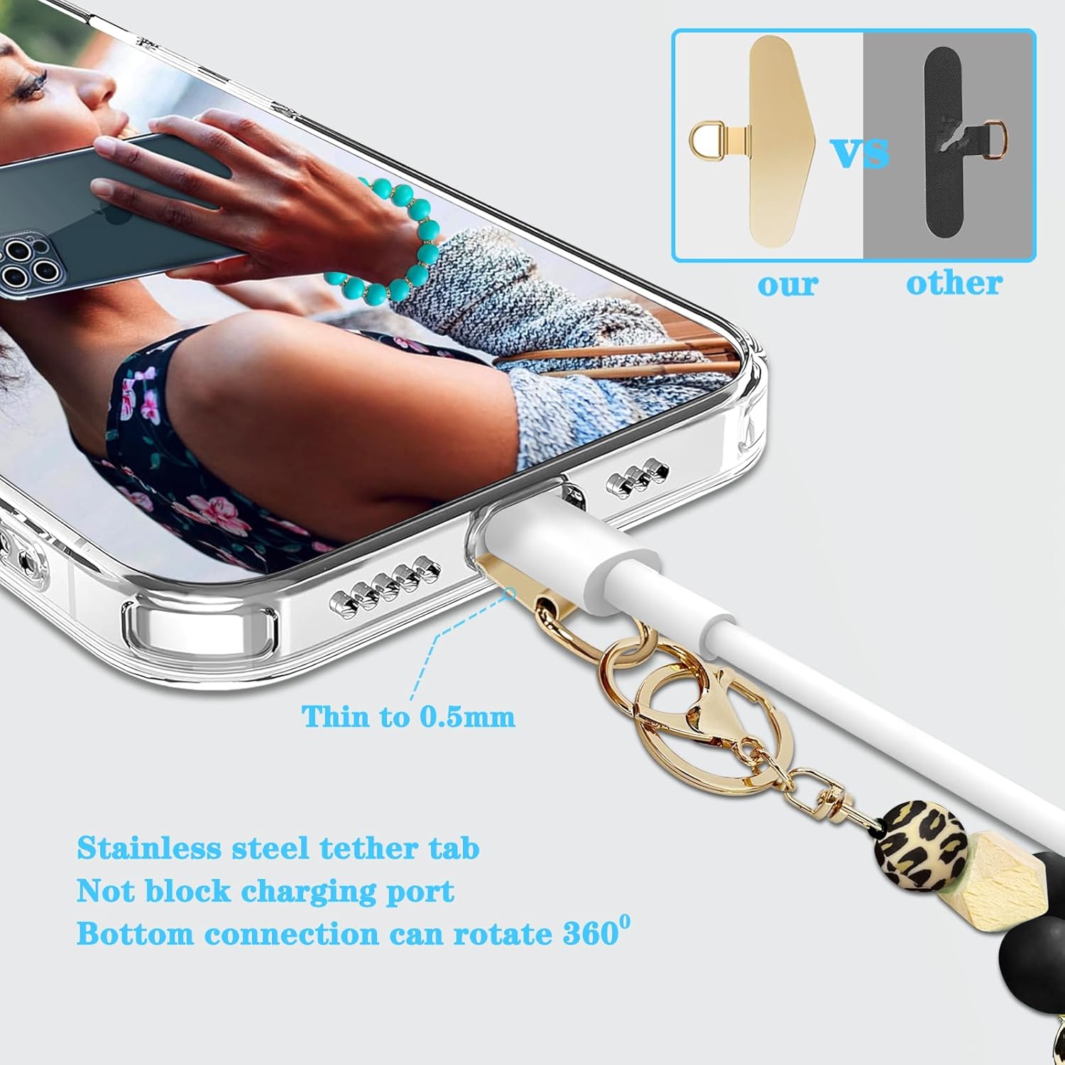 Silicone Beaded Phone Wrist Strap, Phone Bracelet Strap with Tether Tab Elastic Hands Free Wristlet Strap - Image 4