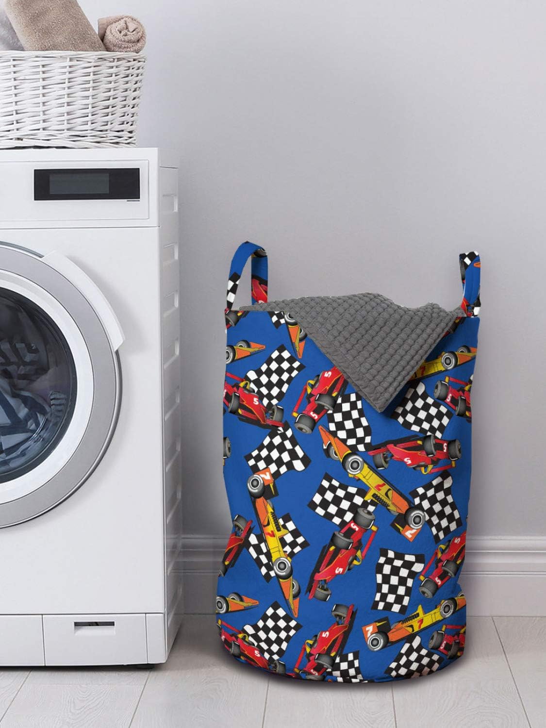 Ambesonne Race Car Laundry Bag, Cartoon Style Interpretation of Checkered Flags and Automobile, Hamper Basket with Handles Drawstring Closure for Laundromats, 13" x 19", Cobalt Blue