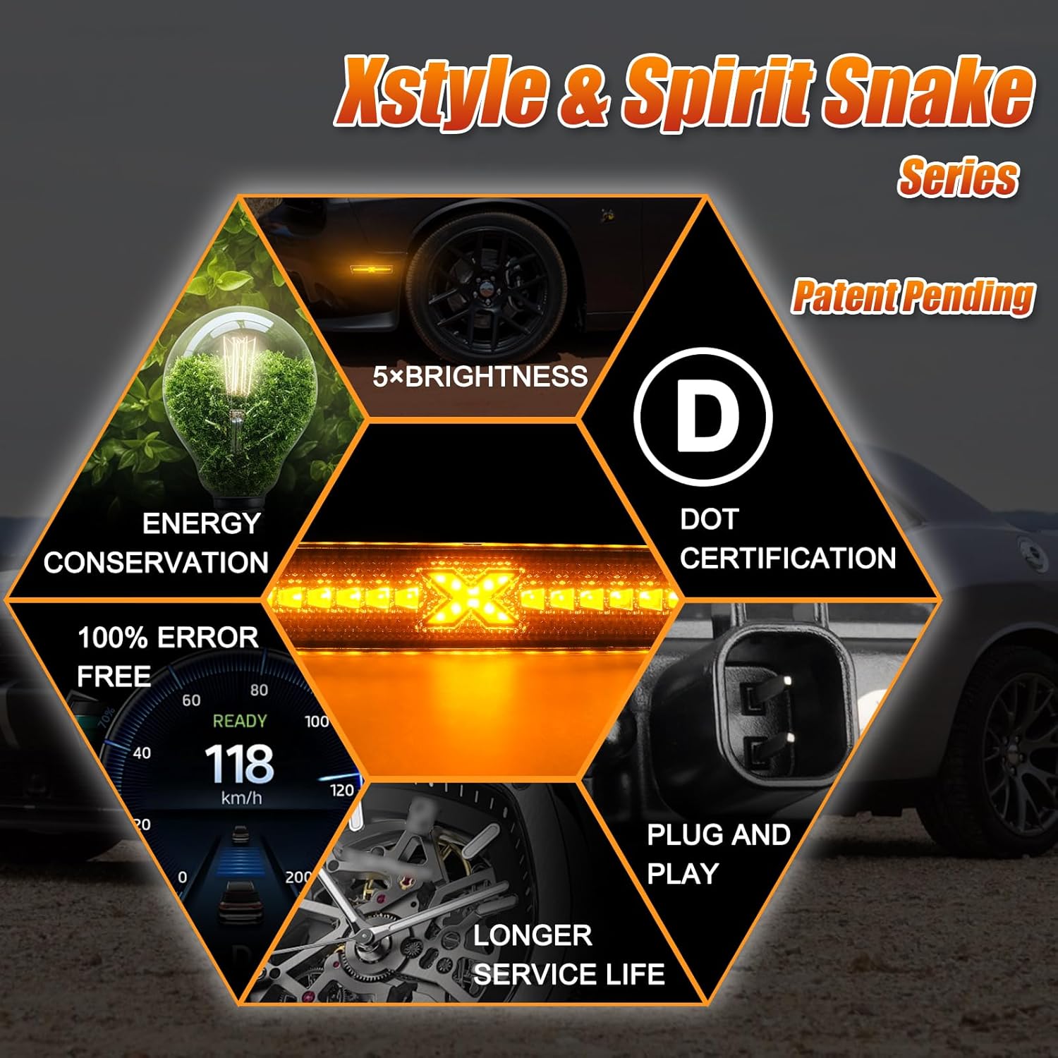 LED Side Marker Lights Amber & Red for Dodge Challenger 2015-2020, Front & Rear Bumper Side Markers Lamps Smoked Len, 4PCS (Xstyle Spirit Snake Series - Patent Pending)