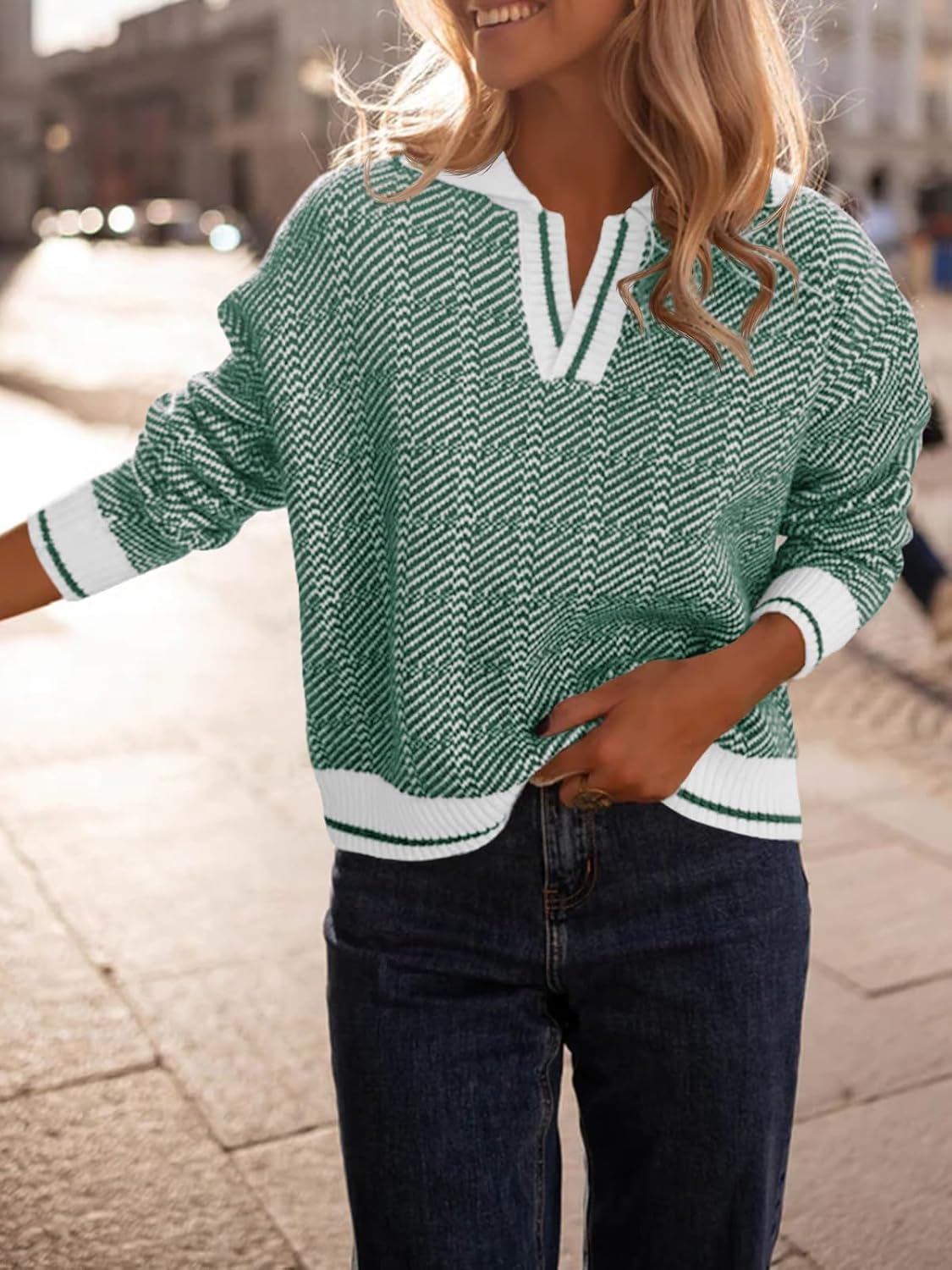 Saodimallsu Womens Fall Sweaters Tops Lapel V Neck Knit Sweater Color Block Long Sleeve Casual Soft Pullover Shirt - Image 3