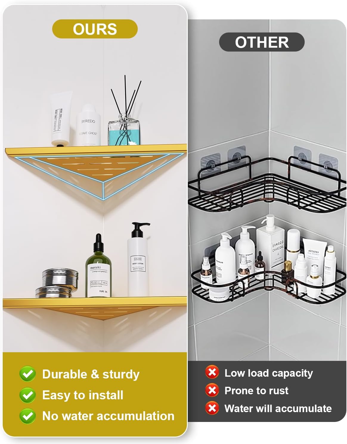 YACVCL Brushed Gold Corner Shower Shelf 304 Stainless Steel 10" Recessed Corner Shelf Bathroom for Tiled Wall,No Drilling Floating Shower Shelves Shampoo Holder, 2 Pack