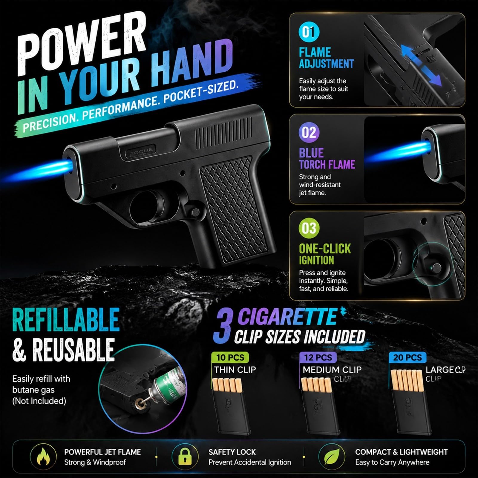 Windproof lighter (with cigarette case), blue jet flame.
