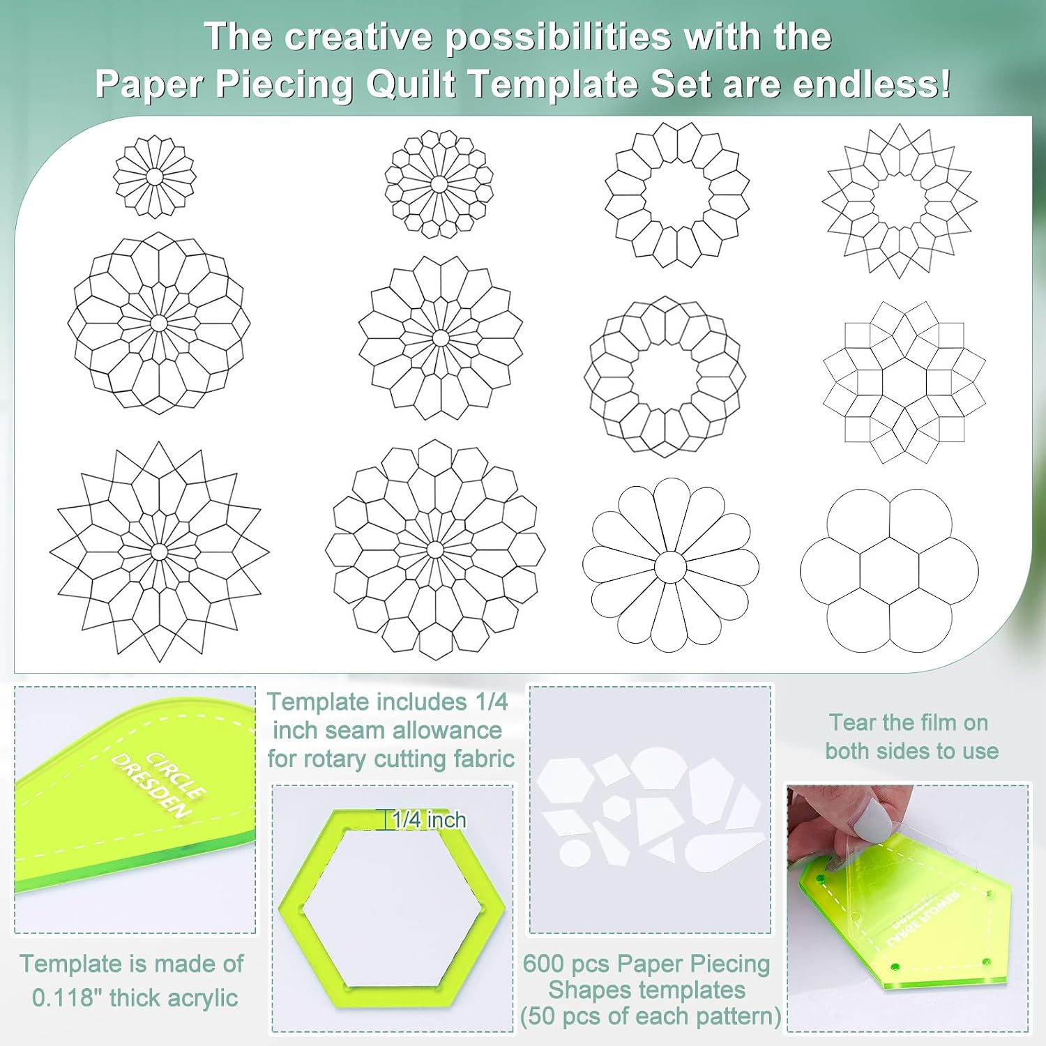 Cinnvoice 612 Pcs Patchwork Paper EPP English Piecing Supplies 12 Shapes Acrylic Templates with 600 Paper Piecing for Sewing Dresden Plate Triangle Hexagon Quilting Template(Classic 1,Yellow Green)