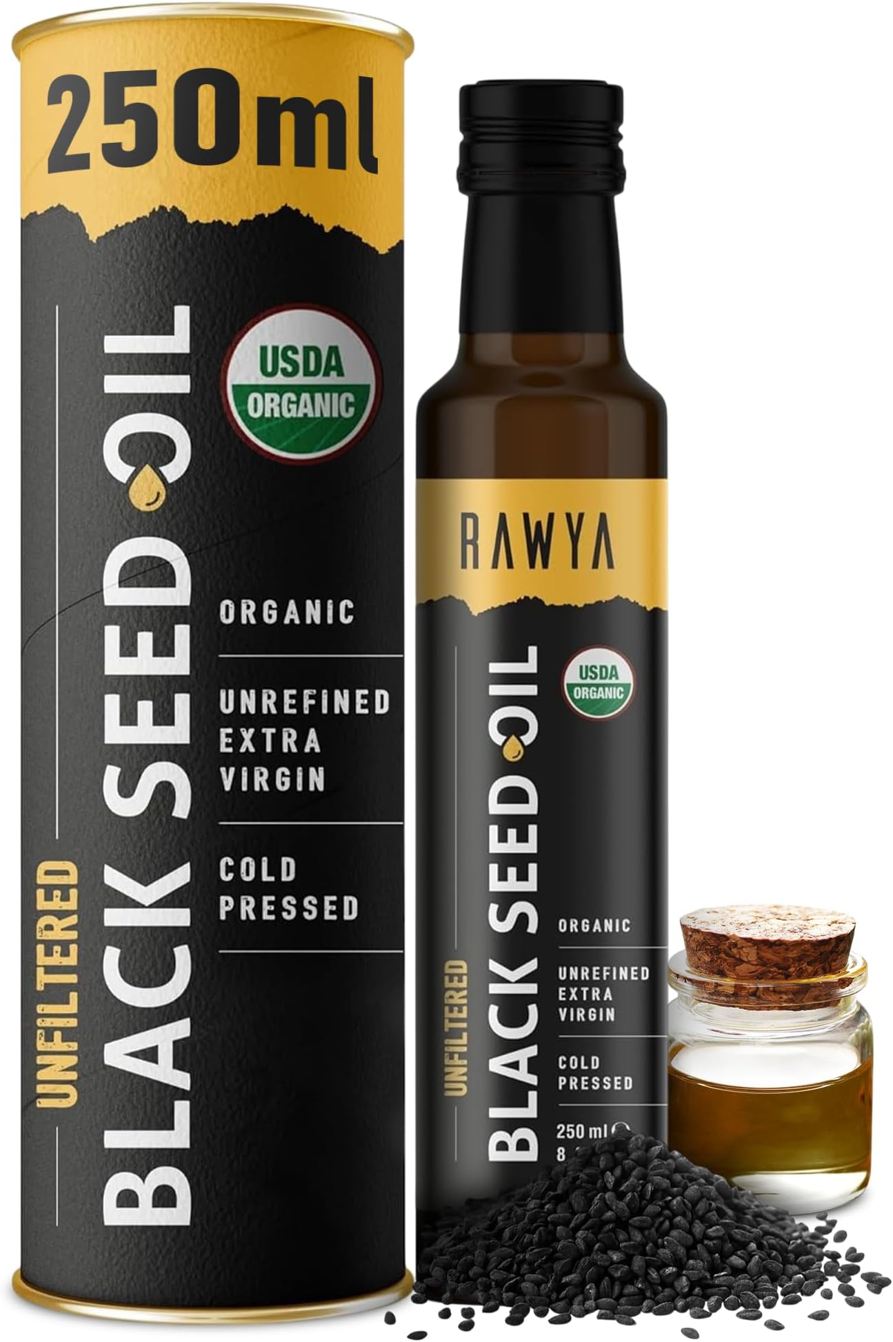 RAWYA Organic Black Seed Oil – 250ml, Unfiltered, Pure and Natural Kalonji (Nigella sativa), Cold-Pressed Black Cumin Seed Oil for Hair, Scalp and Skin Care, Great for Massage and Daily Wellness