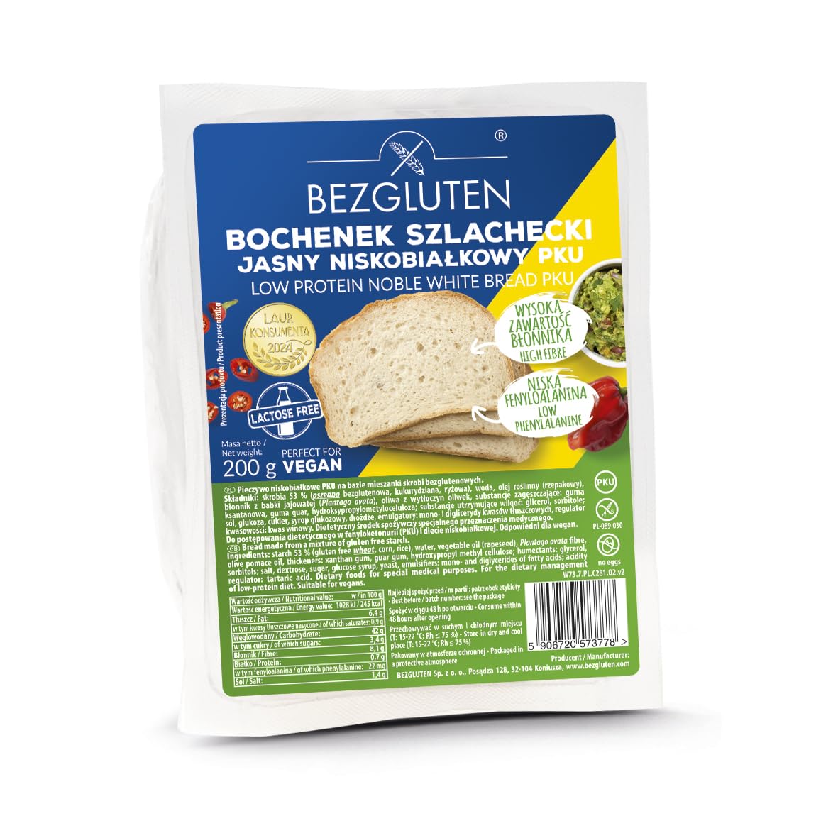 Noble Weißbrot PKU, Glutenfrei, Laktosefrei, Proteinarm, Veganer Brotlaib mit Hohem Ballaststoffgehalt, 200g Bezgluten
