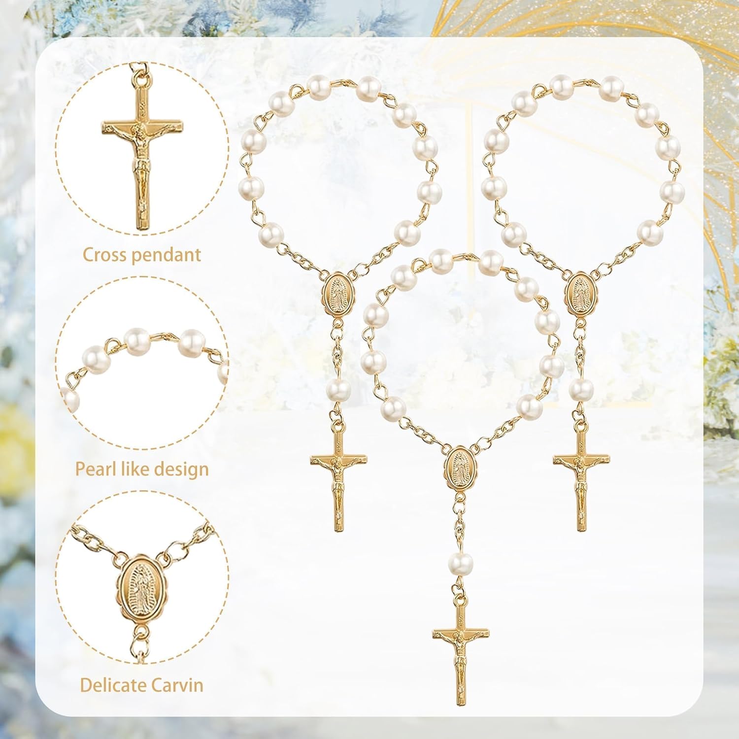 30Pcs Mini Rosary Baptism Favors Acrylic Finger Rosary Beads, Gold Plated Ivory Color Faux Pearls Baptism Party Favors Small Bracelet Packs for Christening Communion Weddings Favors