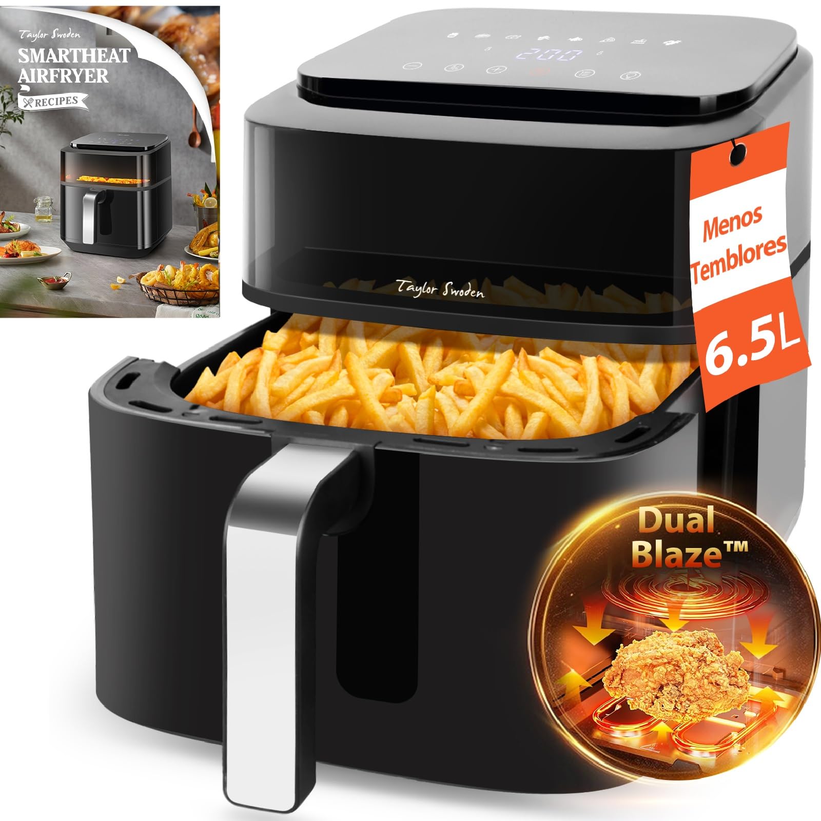 Taylor Swoden Air Fryer 6.5L 1800W Freidora de Aire con Doble Resistencia, Ventana de Visualización, 8 Programas, Panel Táctil Digital, Interior Metálico, 14 Recetas Físicas, Capacidad para 8 Personas