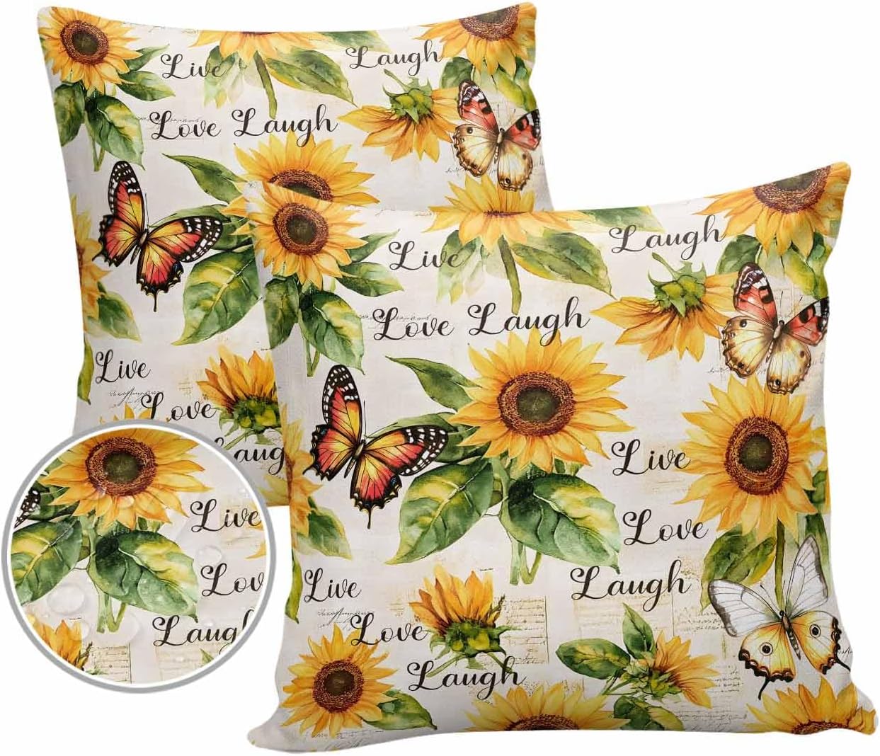 Outdoor Pillow Covers Waterproof Pillow Cases Protector Summer Farm Sunflower Pillowcase Pack of 2 Love Laugh Butterfly on Letter Throw Cushion Case for Pation Furniture,Couch,26X26IN