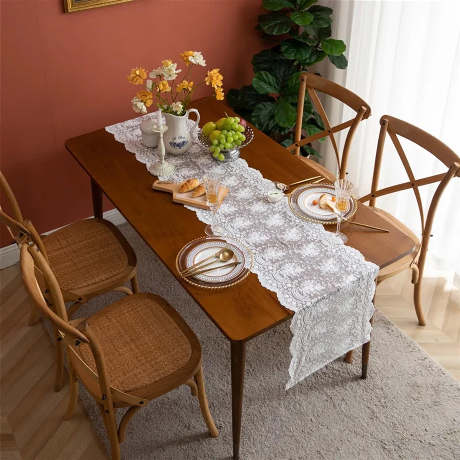 Runner da tavola in pizzo, Runner da tavolo vintage in pizzo floreale(Beige,40x300cm)