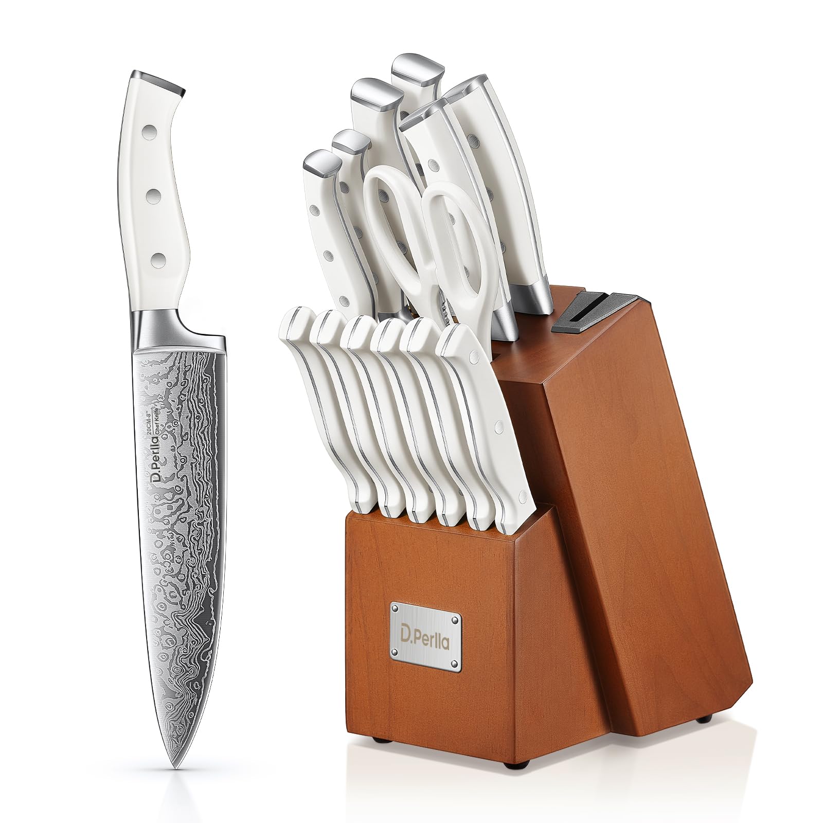 D.Perlla Messerblock Set, 7-TLG Selbstschärfender Messerblock, Scharf Edelstahl Messerset Set mit Kunststoff-Griff und Holzblock, Profi Küchenmesserset