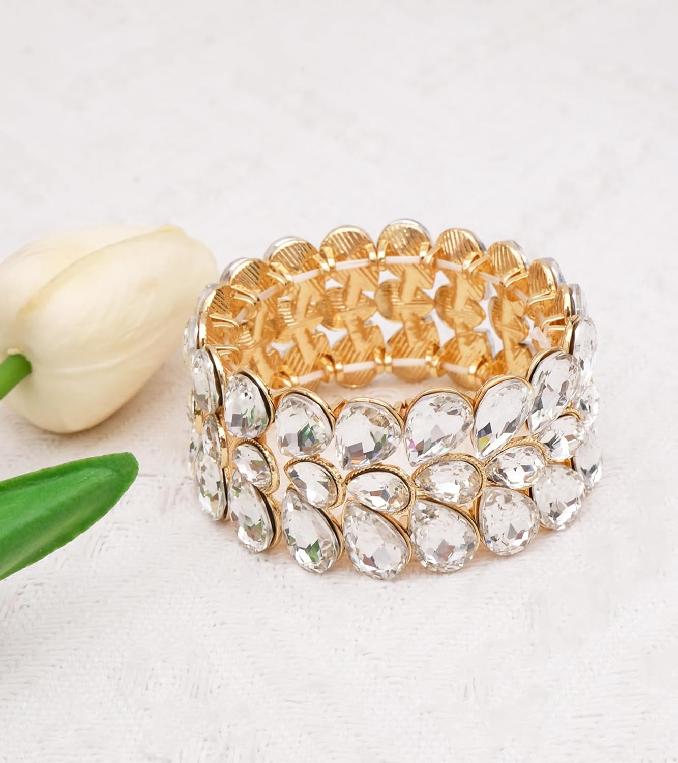 Women's Bridal Wide Stretch Bangles Bracelets Waterdrop Crystal Statement Jewelry for Wedding Evening Party Costume Accessories #1622 - Image 3