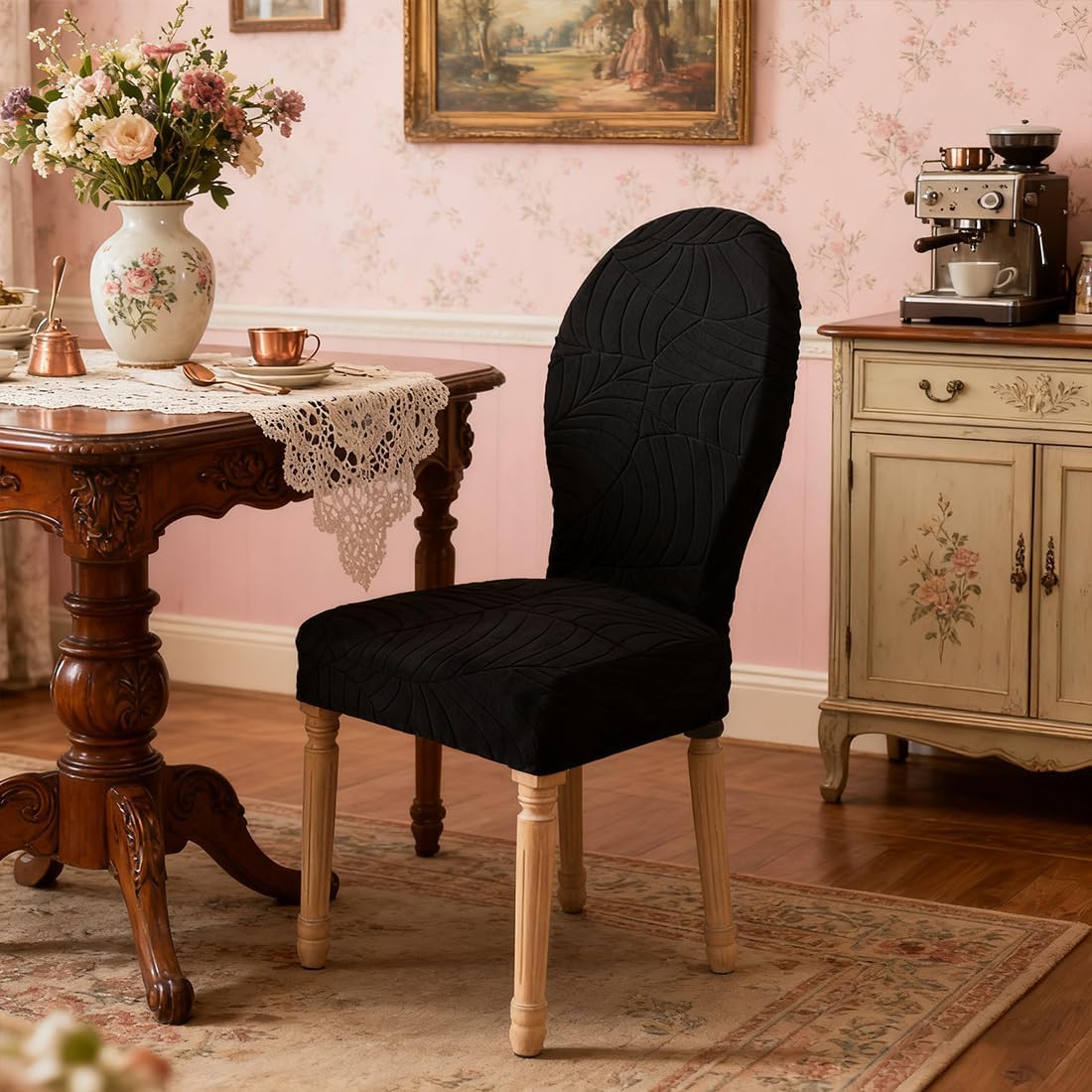 Round Back Dining Chair Cover Stretch Dining Chairs Slipcovers with Round Back French Country Vintage Chairs Cover with Curved Backrest for Banquet Home Decor Set of 4 Black