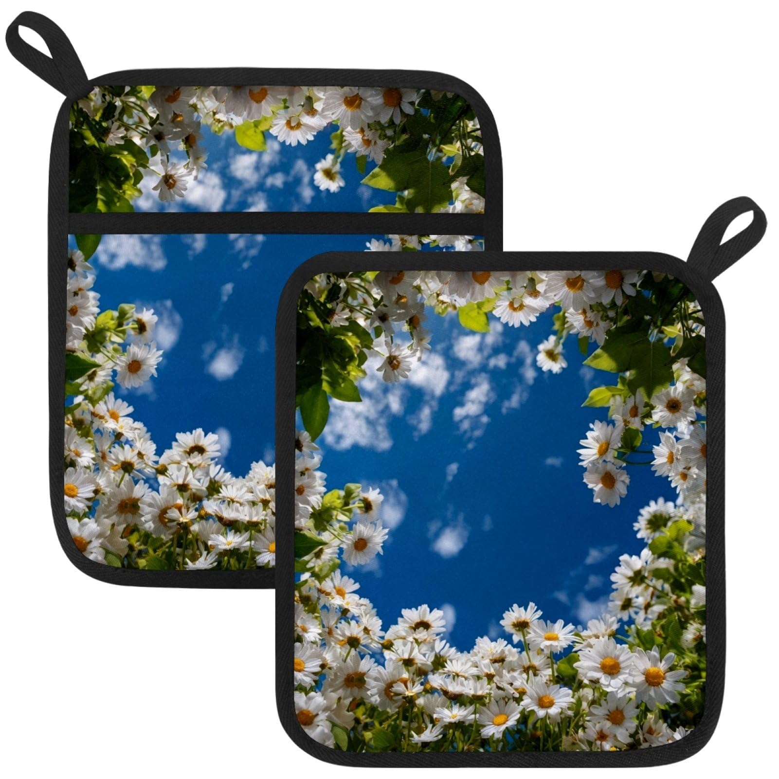 VAPOKF Flowers Daisy Heat Resistant Pot Holders, Thick Pot Holders Pad with Hanging Loop for Kitchen, Oven Cloth Pads for Kitchen Baking Microwave Oven
