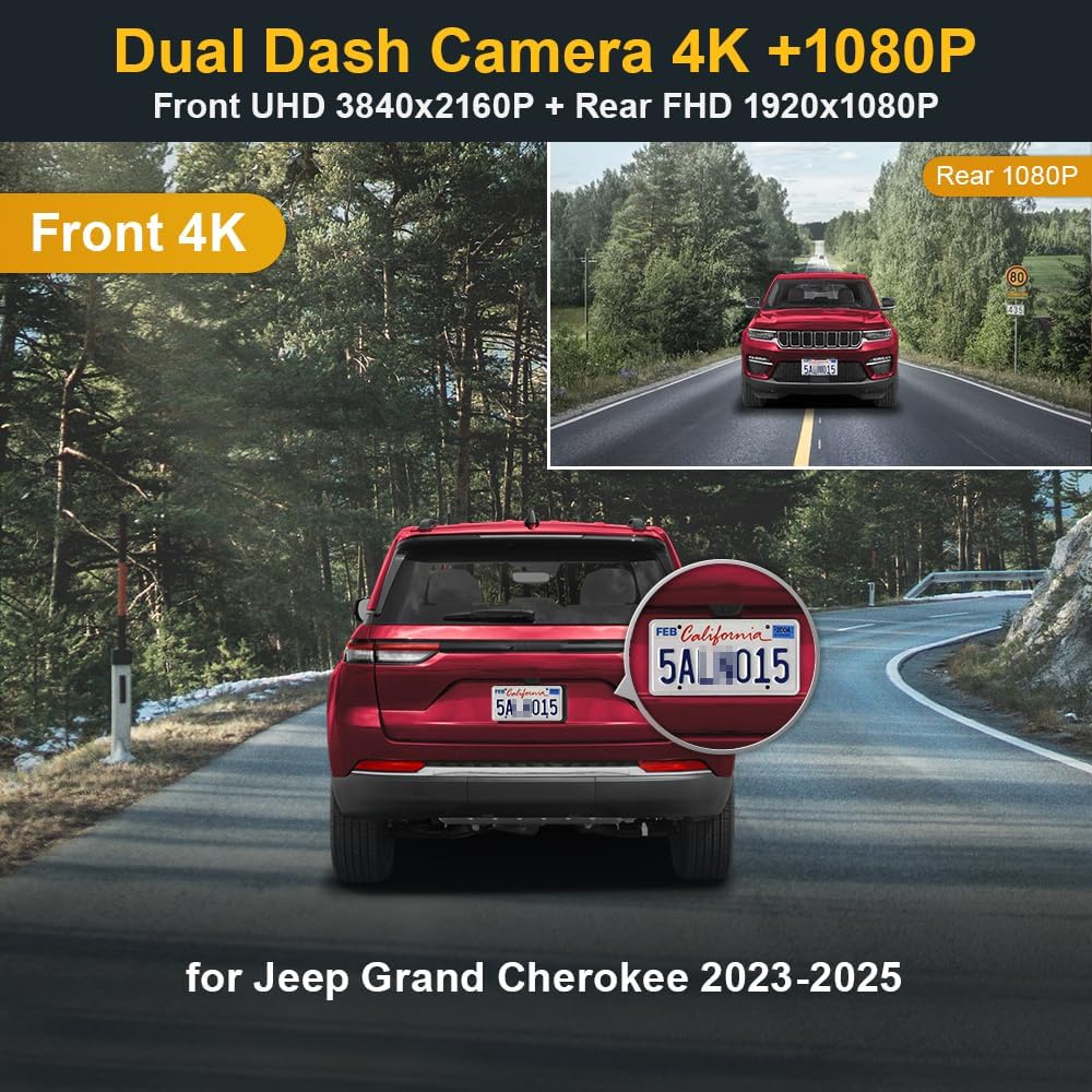 Fitcamx Front 4K+Rear 1080P 4K Dash Cam Adapts for Jeep Grand Cherokee 2023-2025 L 4XE (HD2-0513), Integrated OEM Look, Dual HD Video, WiFi & APP, Loop Recording, G-Sensor, Easy to Use, 128GB Card