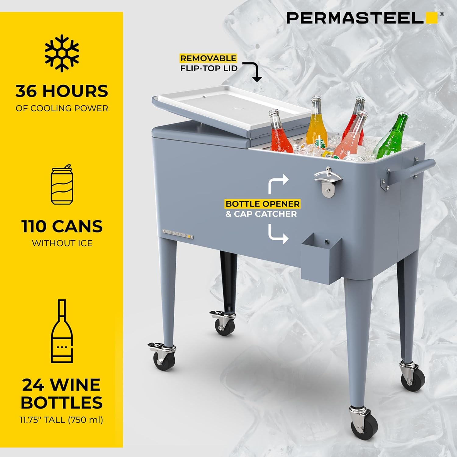 Permasteel Party Cooler with Divider, Spacious 80-Qt Capacity, Chills 36hrs, Serving Tray, Rolling Ice Chest for Indoor and Outdoor Entertainment