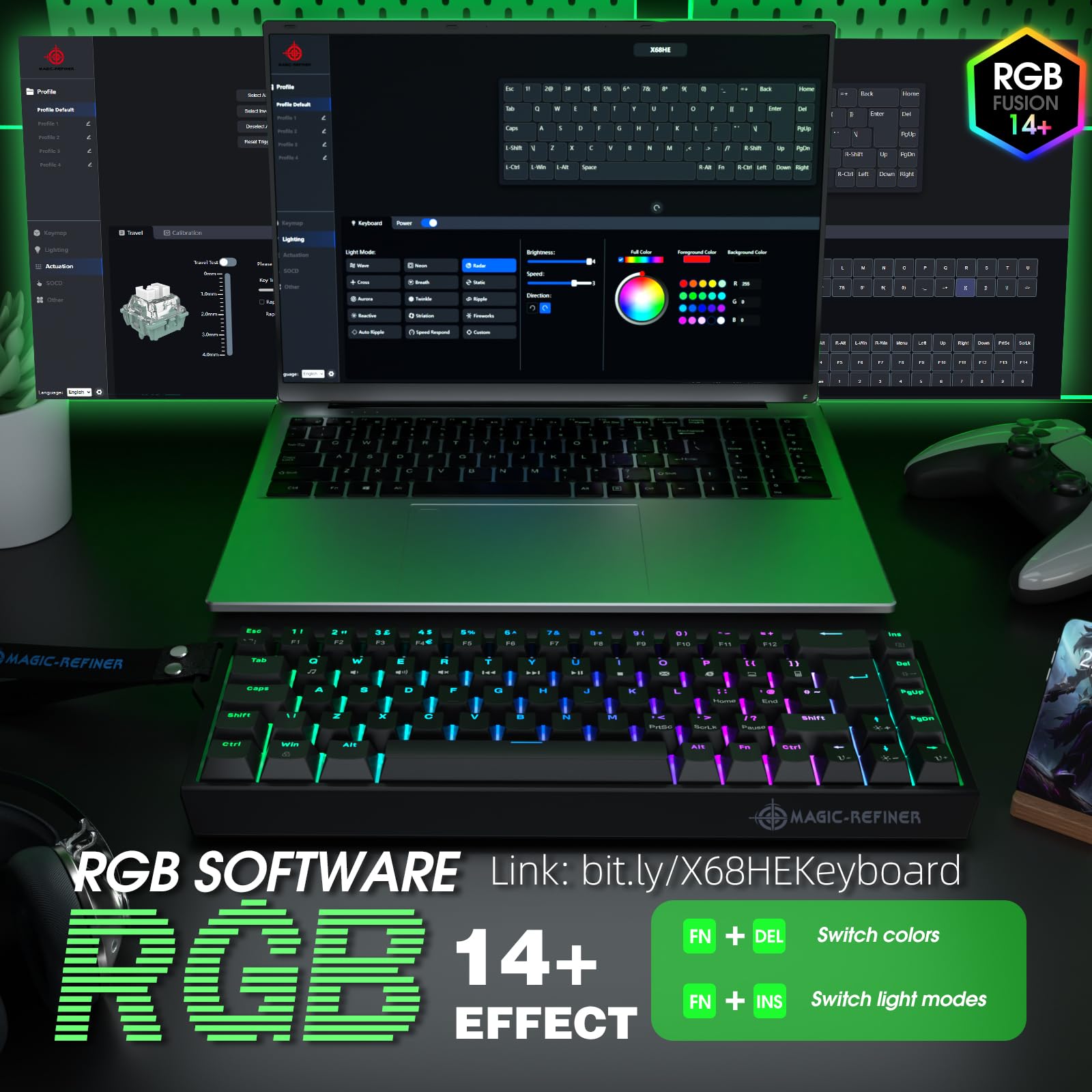 LexonElec Magic-Refiner X68 HE Teclado Mecánico 8000Hz Rapid Trigger, QWERTY Layout Compact 60%, Precisión RT de 0,04mm, Wired RGB Gaming Keyboard, Magnetic Switch, Activación Ajustable, Negro