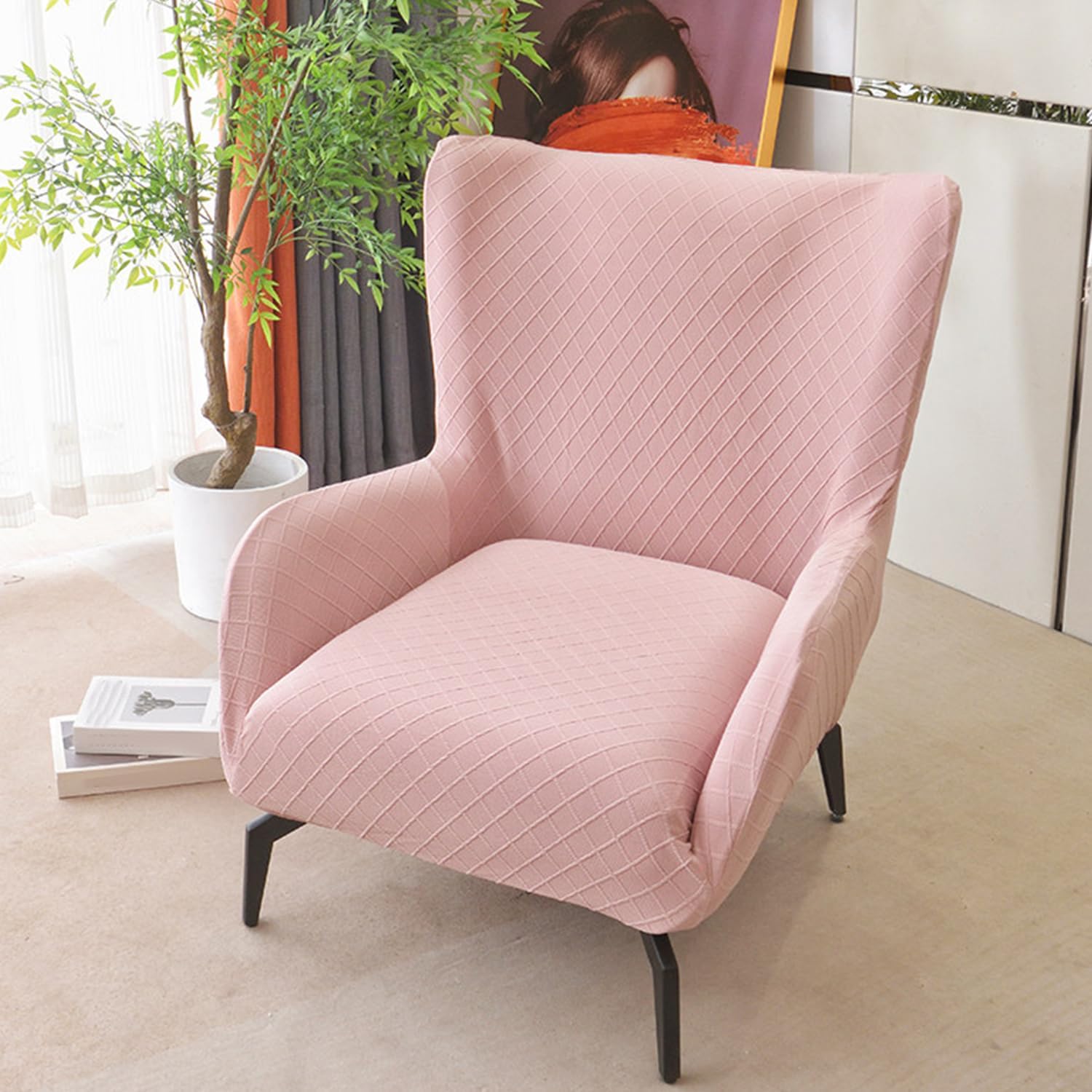 Pink,1 Piece, 1 Piece Wingback Chair Slipcover Stretch Wing Chair Cover with Arm Dustproof Armchair Cover Sofa Cover Furniture Protector with Elastic Bottom Living Room Bedroom