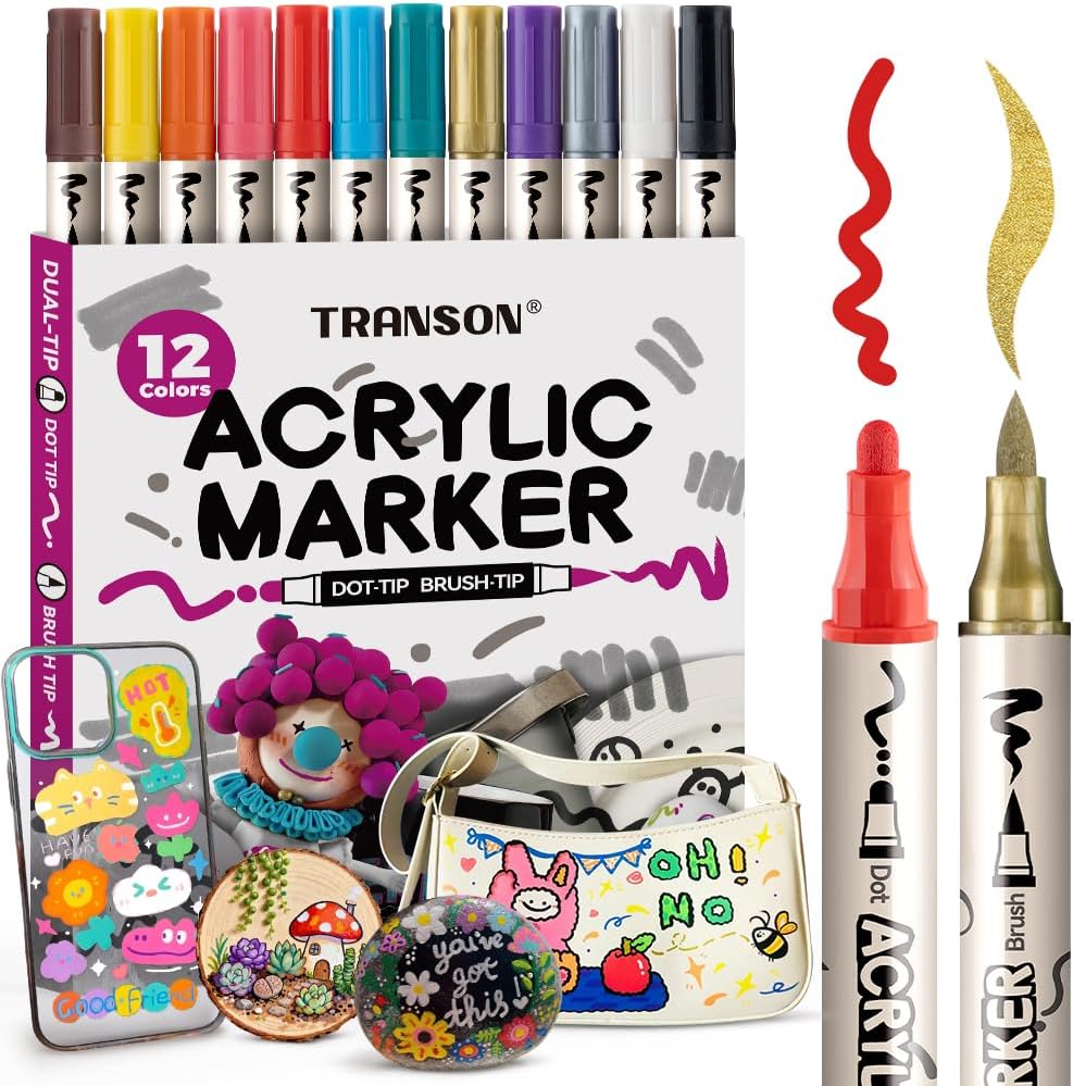 TRANSON 4 Black and 4 White Paint Markers Brush and Bold Dual-tip Acrylic Paint Marker Set for Rock Painting Glass Canvas Wood Leather Ceramic Painting